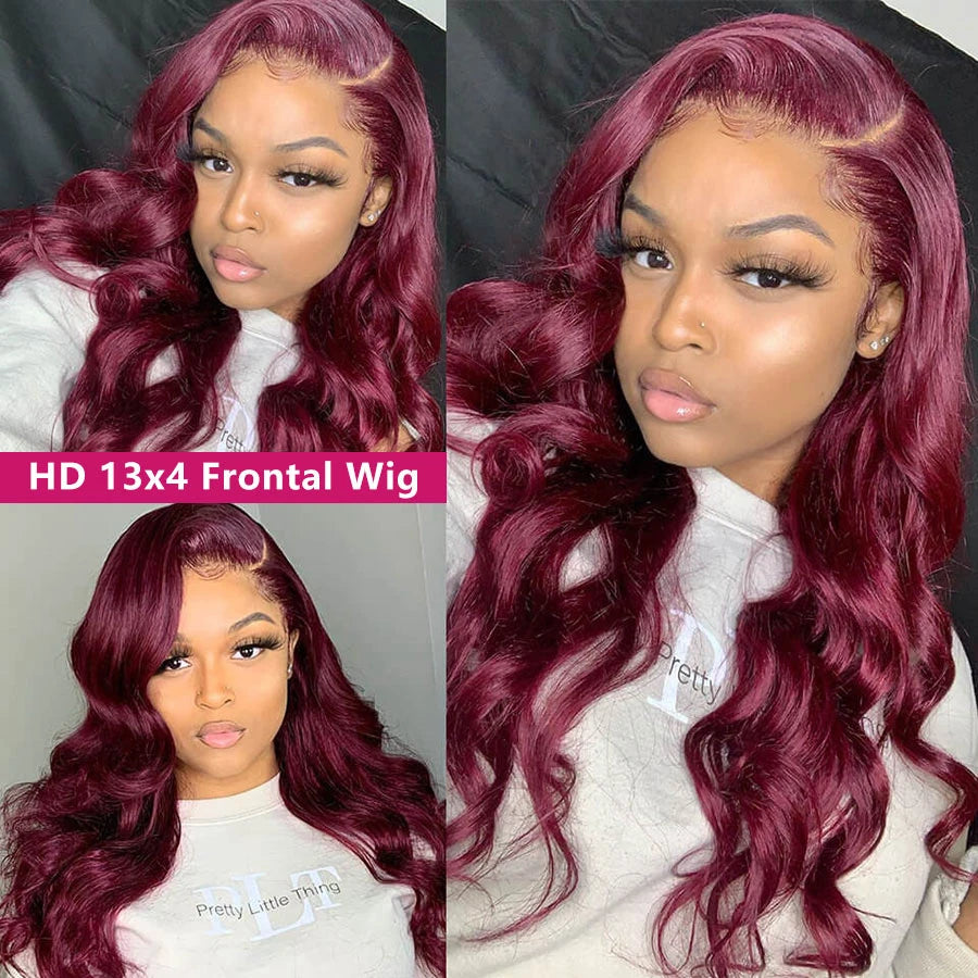 99j Burgundy Lace Front Wigs Human Hair Glueless Wine Red Colored Body Wave Wigs 13x6 13x4 HD Transparent Frontal Wigs