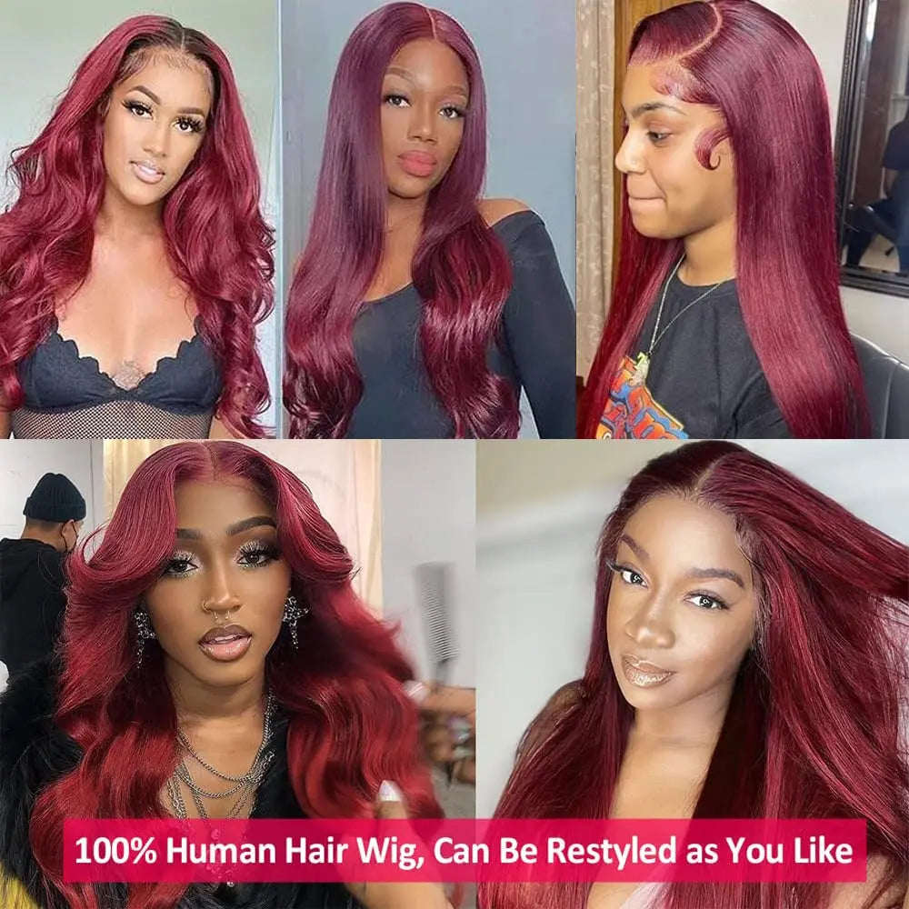 Silky Straight 99J Burgundy 13X6 HD Lace Front Human Hair Wigs 180 Density 26 28 30 Inch Red Colored Glueless Wig Pre-plucked