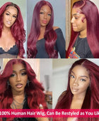 Silky Straight 99J Burgundy 13X6 HD Lace Front Human Hair Wigs 180 Density 26 28 30 Inch Red Colored Glueless Wig Pre-plucked