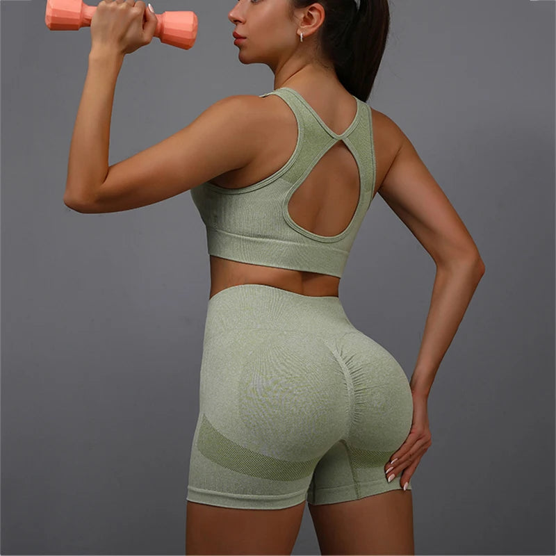2pcs Yoga Sets Womens Outfits Peach Hip Lifting Suit Neck Hanging Sports Bra Shockproof Quick Drying Shorts Set Female Tracksuit - IHavePaws
