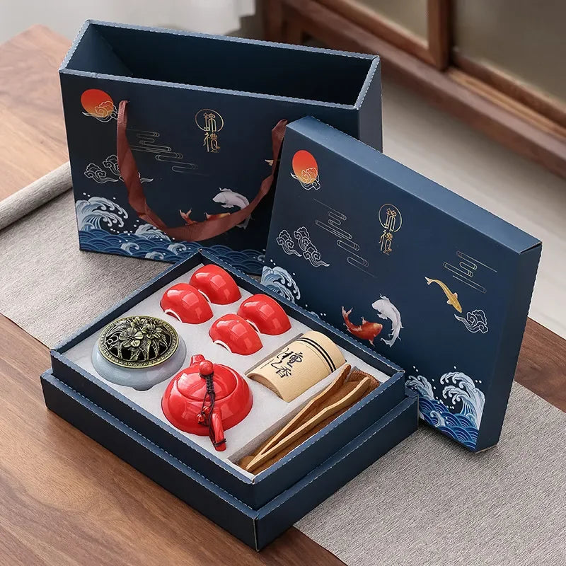 Kung Fu Tea Set Chinese Tea Ceremony Ceramic Set Gift Boxed D - IHavePaws