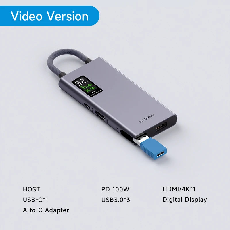 Hagibis USB C Hub With LCD Display Type C Multiport Adapter 4K HDMI-Compatible 100W PD Gigabit Ethernet For Macbook Pro iPad HP Video Version - IHavePaws