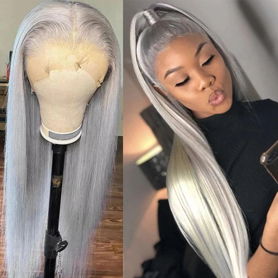 Silver Gray Lace Front Human Hair Wigs Transparent 13x4 Lace Straight Lace Frontal Wig For Wome Remy Wig MYLOCKME