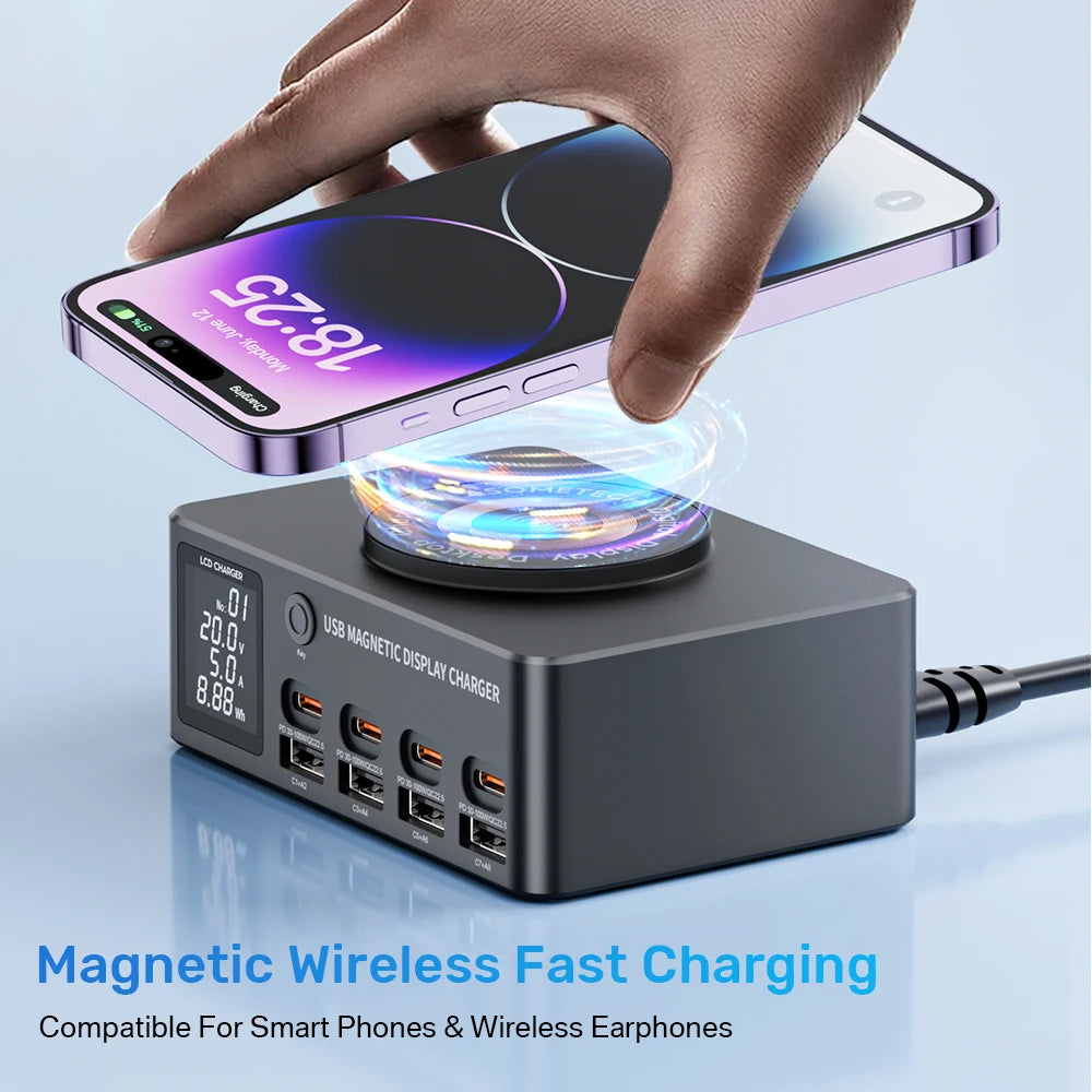 140W Multi USB-C Fast Charging Station Wireless Charger with LED Display PD QC 3.0 Quick Charge for IPhone 14 13 Samsung Xiaomi