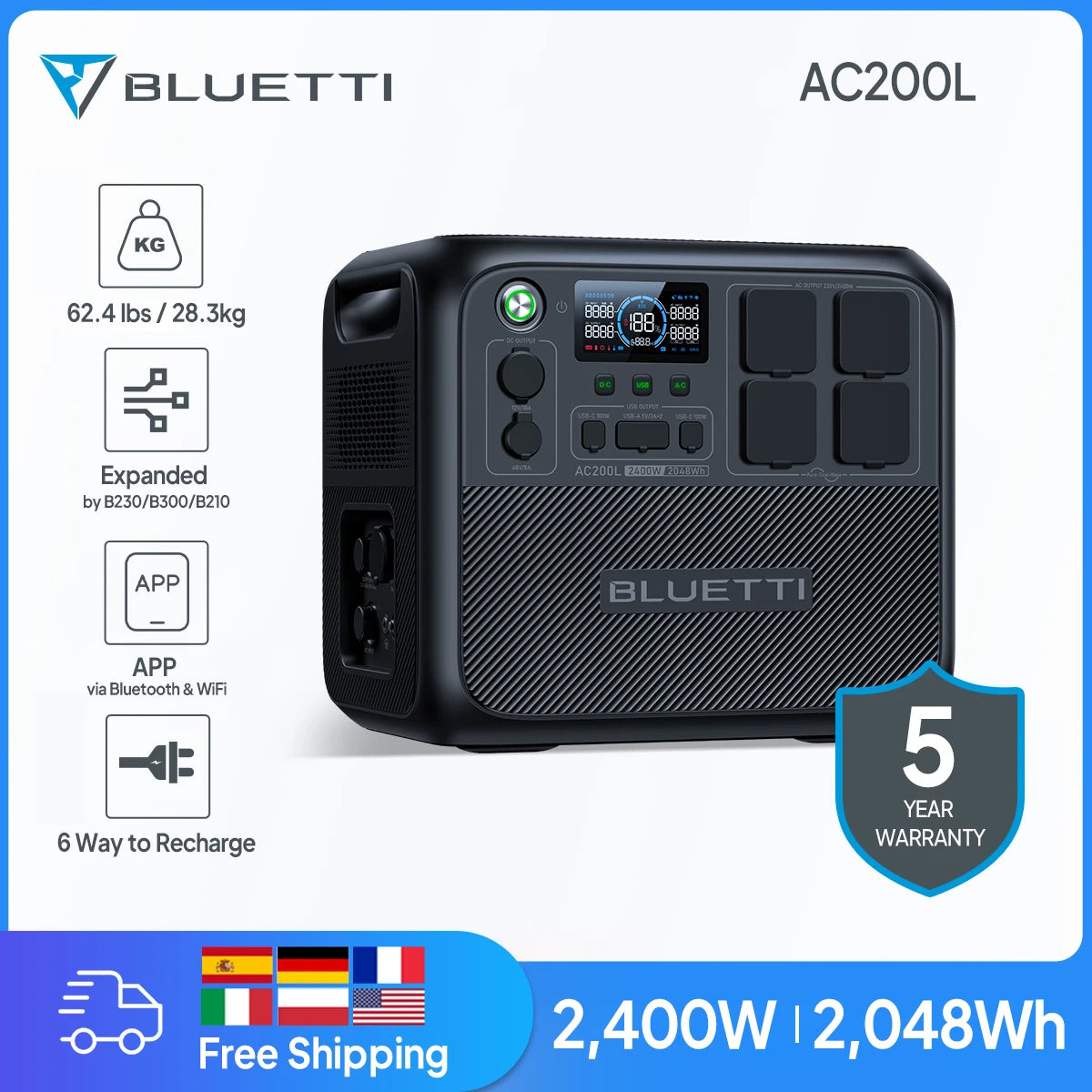 BLUETTI AC200L Portable Power Station 2400W 2048Wh LiFePO4 Battery Backup Solar Generator Power For Camping Home Use Emergency - IHavePaws