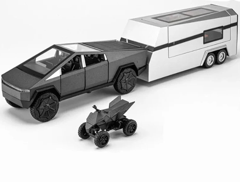 1/32 Tesla Cybertruck Pickup Trailer Alloy Car Model Diecasts Metal Toy Off-road Vehicles Truck Model Sound and Light Kids Gifts Black with motorbike - IHavePaws
