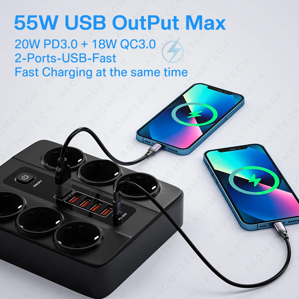 3000W EU Power Strip European Plug Strip Adapter Extension Cord Multi Plug with USB Charger PD USB C Charger for iPhone 13 12 11