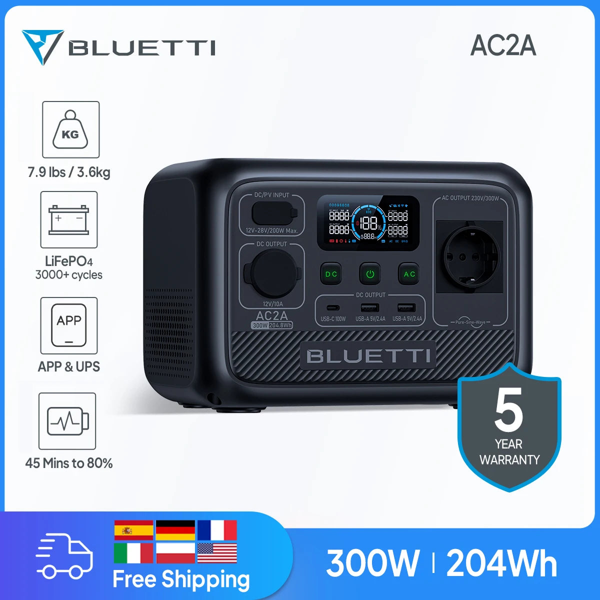 BLUETTI AC2A 300W 204Wh Portable Power Station LiFePO4 Battery Backup Solar Generator 3,000+ Charge Cycles App UPS Camping Life