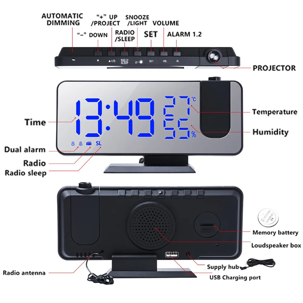LED Digital Projection Alarm Clock Electronic Alarm Clock with Projection FM Radio - IHavePaws