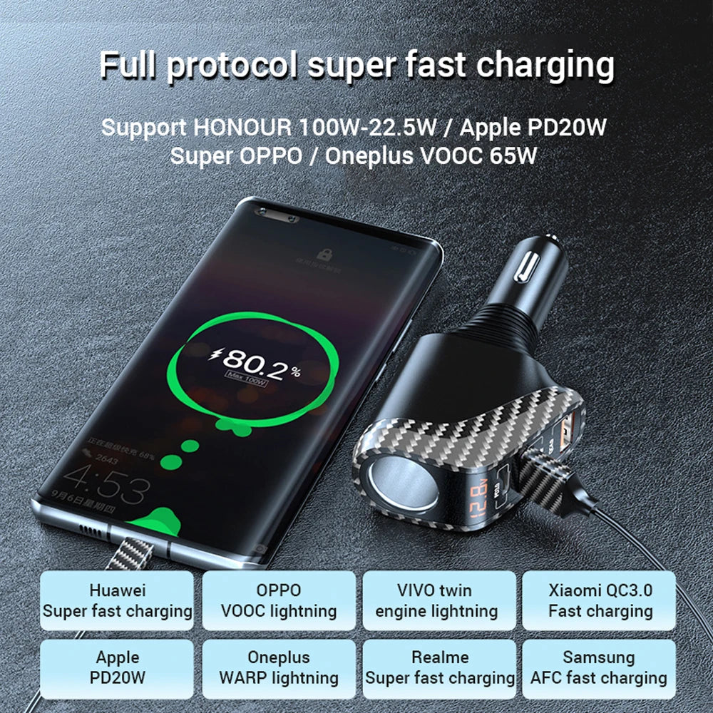 4 IN 1 Car Charger Fast Charging QC3.0 QC4.0 PD3.0 SCP 100W Quick Charge for IPhone 14 13 Samsung Mobile Phone Charger Adapter