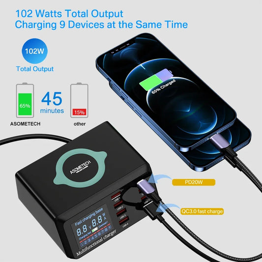 100W 8 Ports USB Charger Station with Wireless Charger Digital Display Screen QC 3.0 PD 3.0 Quick Charge for IPhone 15 14 Xiaomi