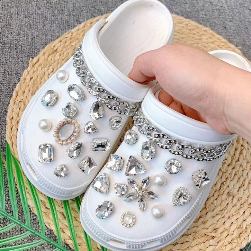 Luxury Designer Shoe Charm for Crocs DIY Transparent Rhinestone Pearl Chain Shoe Decoration Buckle for Croc Charms Accessories - IHavePaws