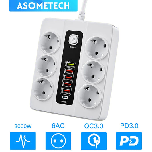 3000W EU Power Strip European Plug Strip Adapter Extension Cord Multi Plug with USB Charger PD USB C Charger for iPhone 13 12 11