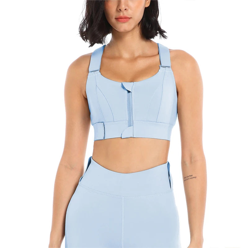 Women Sports Bras Tights Crop Top Yoga Vest Front Zipper Plus Size Adjustable Strap Shockproof Gym Fitness Athletic Brassiere Light Blue / S - IHavePaws