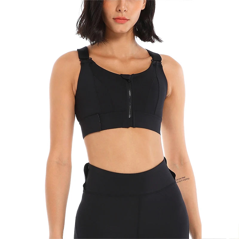 Women Sports Bras Tights Crop Top Yoga Vest Front Zipper Plus Size Adjustable Strap Shockproof Gym Fitness Athletic Brassiere Black / L - IHavePaws