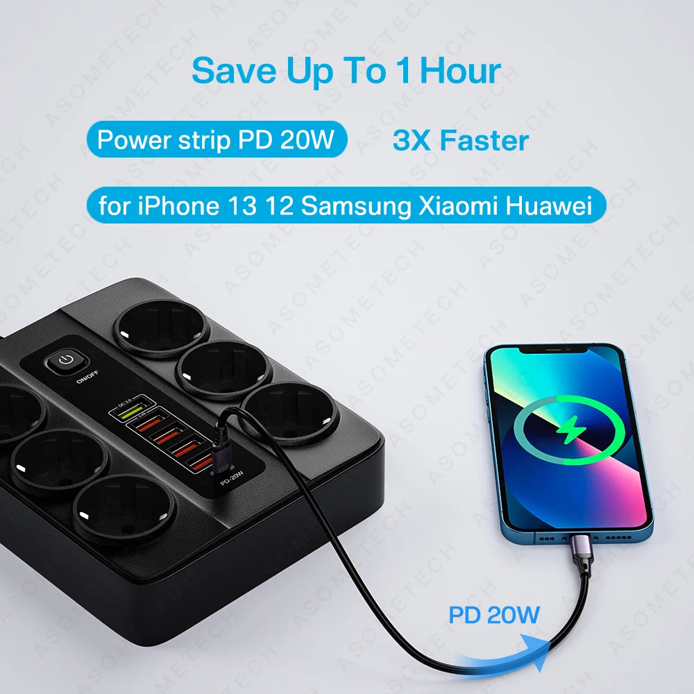 3000W Power Strip EU Plug Fast Charging Socket Extender Cord Extension Cable USB Charger Adapter 20W PD Charger for iPhone 13 12