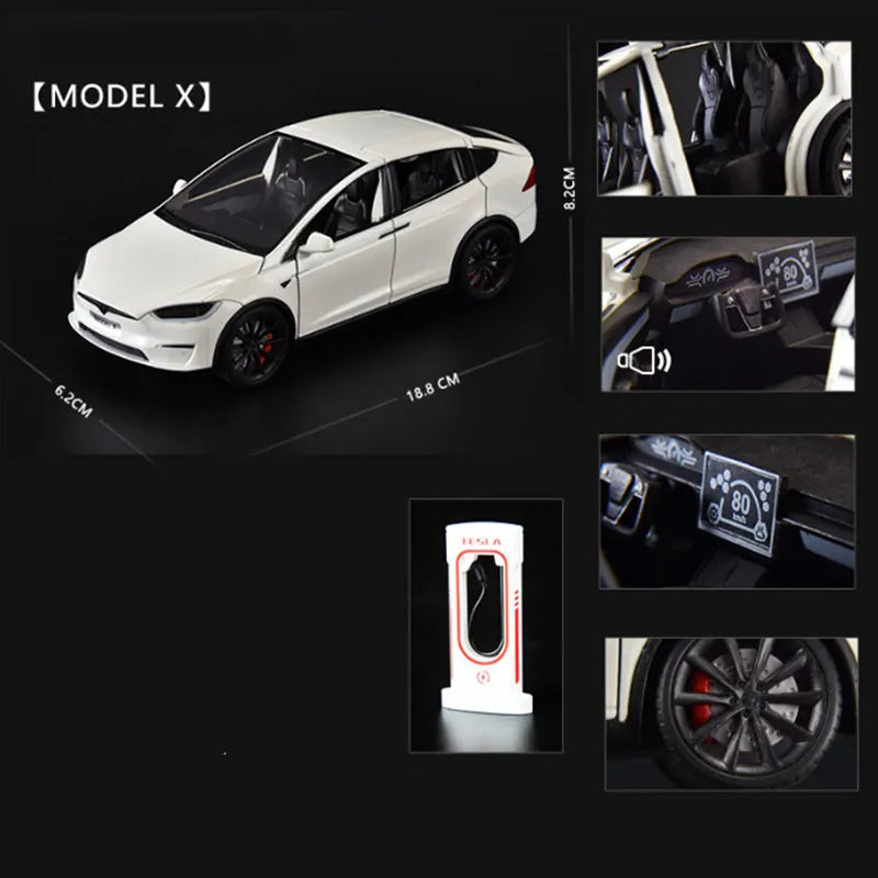 1:24 Tesla Model 3 Model Y Model X Roadster Alloy Car Model Diecast Metal Toy Vehicles Car Model Simulation Sound and Light Model X white - IHavePaws