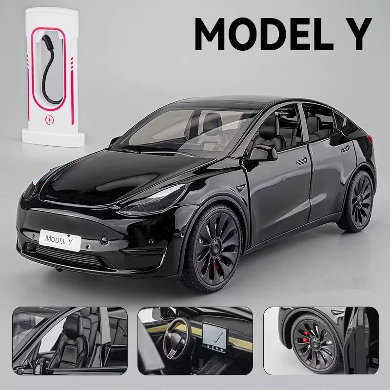 1:24 Tesla Model 3 Model Y Model X Roadster Alloy Car Model Diecast Metal Toy Vehicles Car Model Simulation Sound and Light Model Y black - IHavePaws