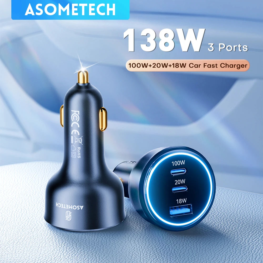 138W Car Charger USB Type C Dual Port USB Phone Fast Charger PD Fast Charging for IPhone 14 Samsung Xiaomi  IPad Laptops Tablets