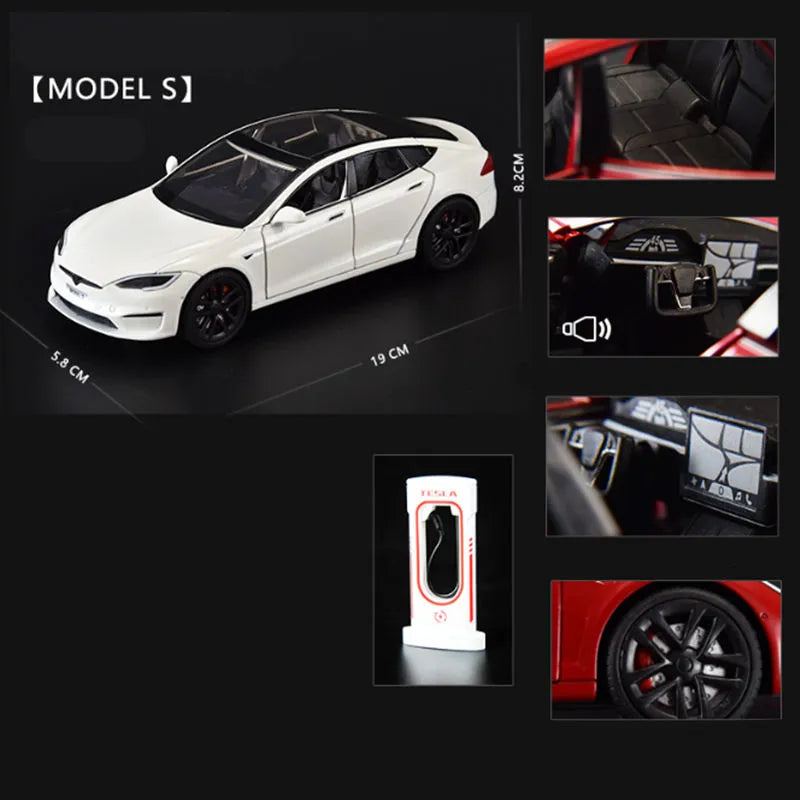 1:24 Tesla Model 3 Model Y Model X Roadster Alloy Car Model Diecast Metal Toy Vehicles Car Model Simulation Sound and Light Model S white - IHavePaws