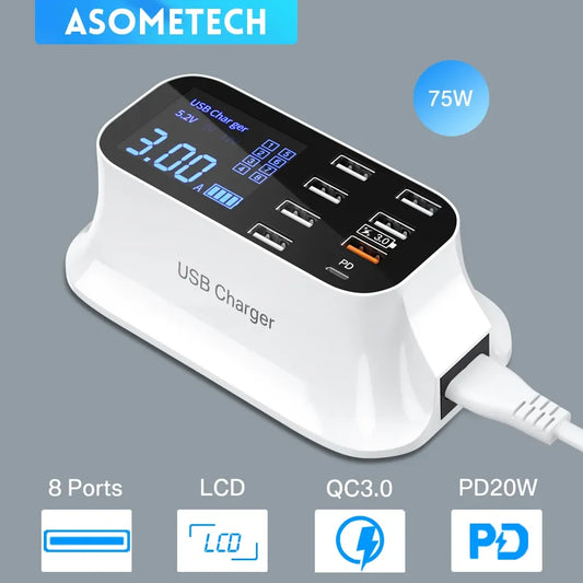 8/4-Port LED Display USB Charger Quick Charge PD USBC Charger For iPhone 13 12 Pro Tablet Fast Charger For Xiaomi Huawei Samsung