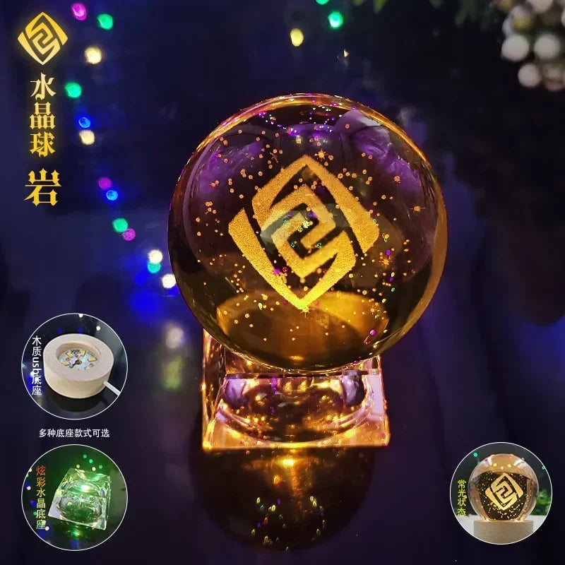 Genshin Impact Luminous 7 Element LED Crystal Ball Eye of Original God Cosplay Toy Ornaments Glass Sphere Home Decoration Gift Geo / crystal base - IHavePaws