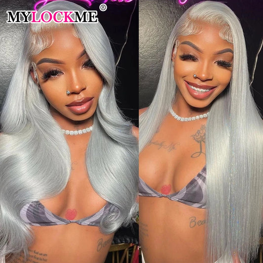 Silver Gray Lace Front Human Hair Wigs Transparent 13x4 Lace Wig Body Wave Lace Frontal Wig For Women Remy Wig MYLOCKME