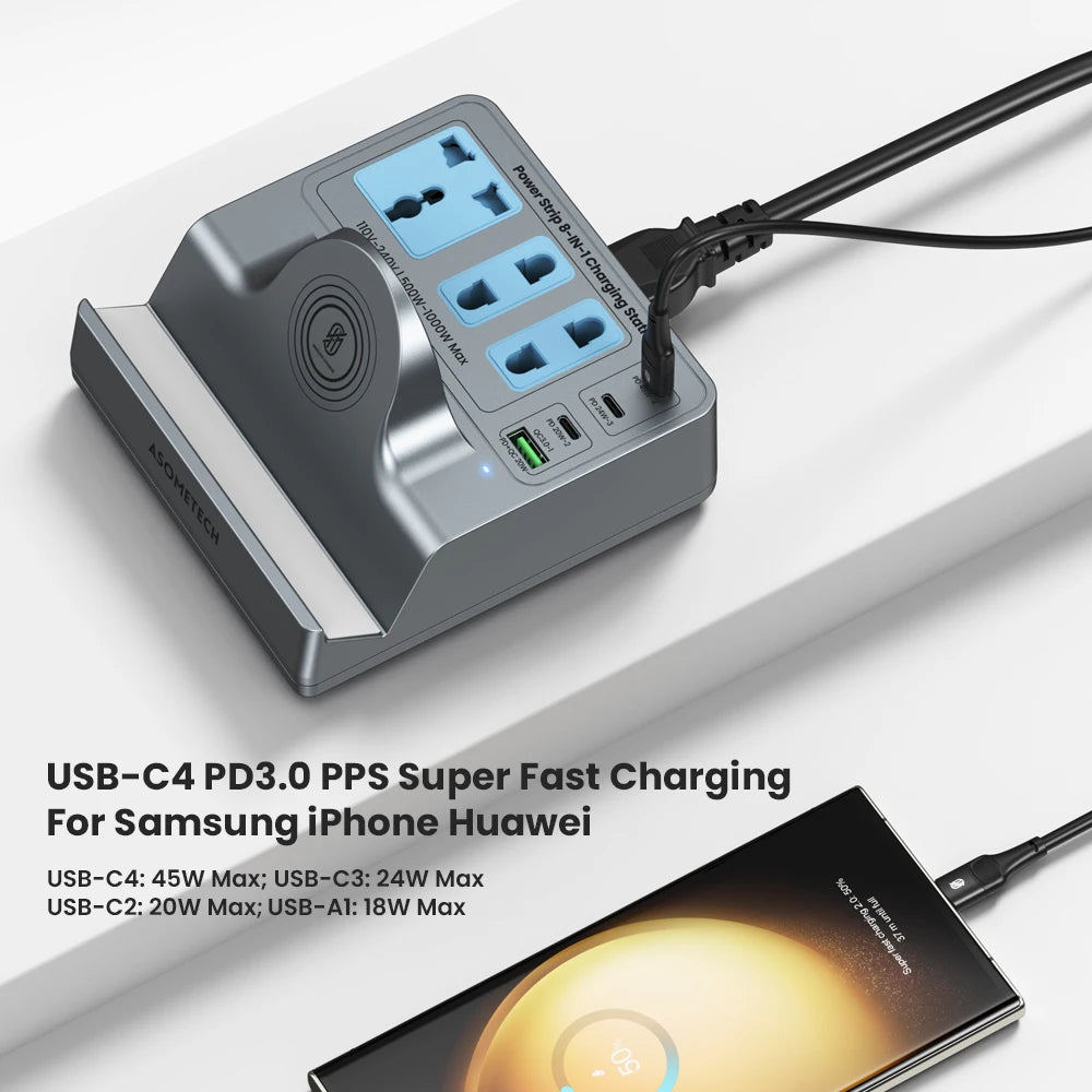 8 In 1 Multi Port USB Type C PD Fast Desktop Charger Wireless Charger Stand 3 AC Outlet Socket Extender For iPhone Samsung Xiaom