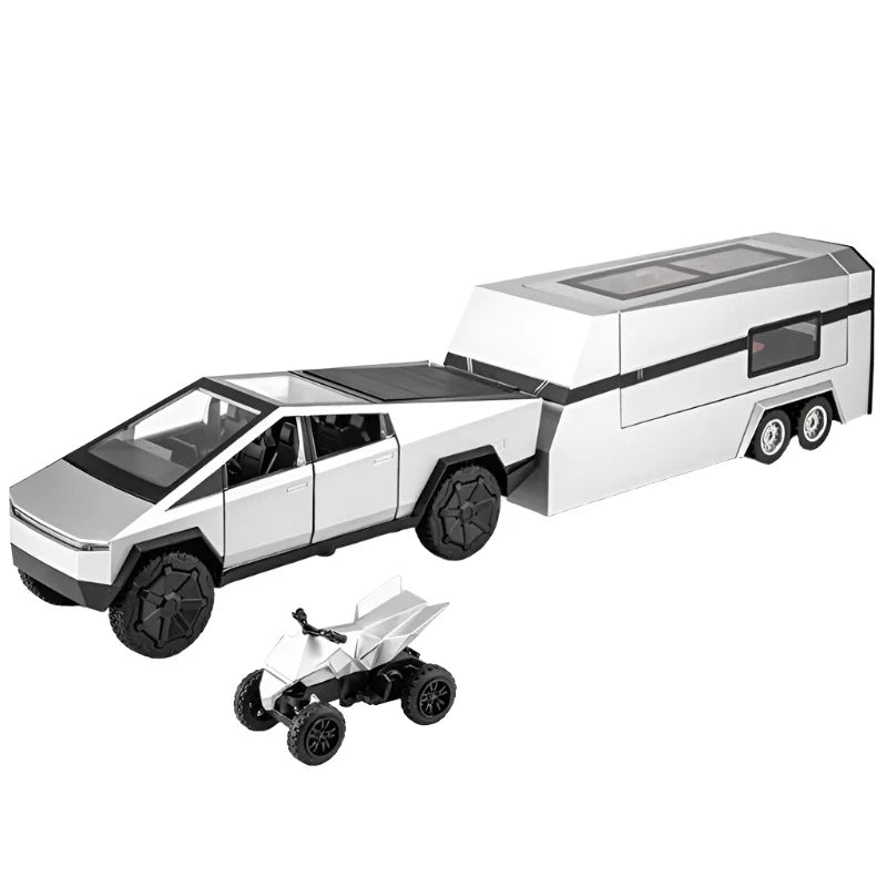 1/32 Tesla Cybertruck Pickup Trailer Alloy Car Model Diecasts Metal Off-road Vehicles Truck Model Silvery with Motorbike - IHavePaws