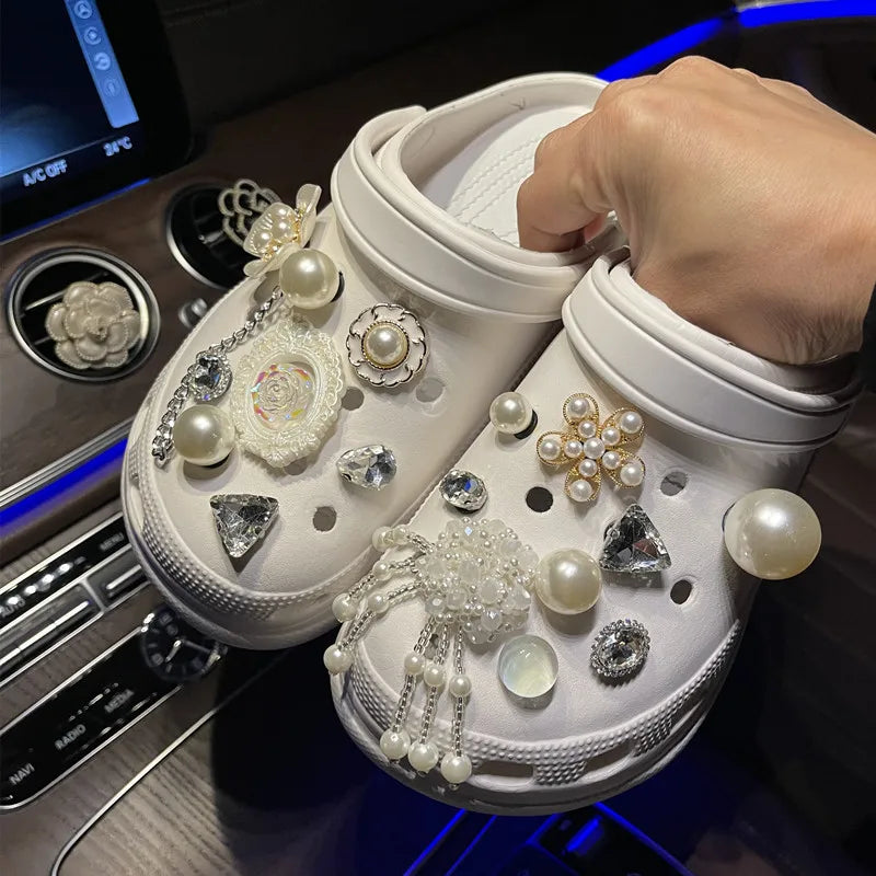 Shoe Charm for Crocs DIY Luxury Designer Pearl Chain 3D Shoe Flower Decoration Buckle for Croc Charms Hole Shoes Accessories A - IHavePaws