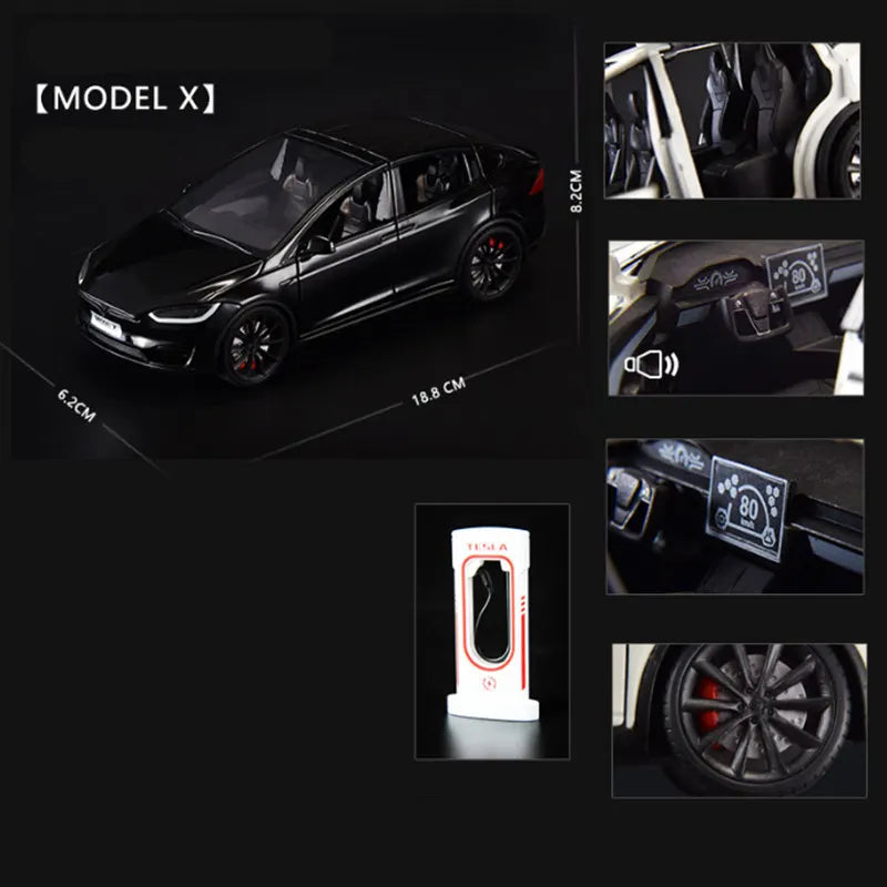 1:24 Tesla Model 3 Model Y Model X Roadster Alloy Car Model Diecast Metal Toy Vehicles Car Model Simulation Sound and Light Model X black - IHavePaws