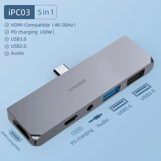 Hagibis USB C HUB TYPE-C to HDMI-compatible Adapter 3.5mm Audio PD Charging USB 3.0 Port Converter for iPad Pro Macbook Laptop - IHavePaws