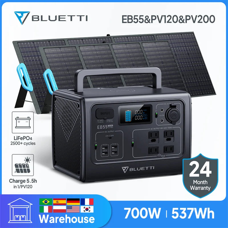 BLUETTI EB55 Portable Power Station 700W 537Wh Solar Station Generator LiFePo4 Battery 120W 200W Solar Panel Emergency Camping