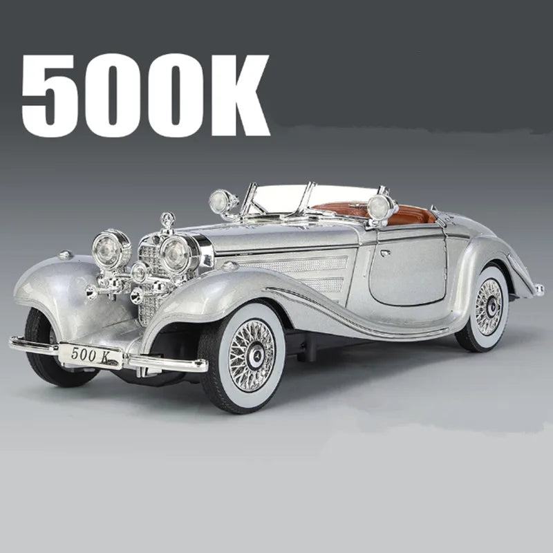 1:24 1936 Benz 500K Alloy Car Model Diecast Metal Toy Classic Vehicle Car Model Simulation Sound and Light Collection Kids Gift Silvery - IHavePaws