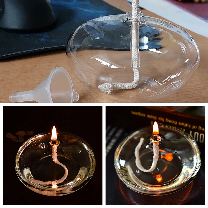 Handmade Oblate Transparent Glass Candlestick Oil Lamp with Wick Dinner Table Candle Rustic Christmas Home Decoration - IHavePaws
