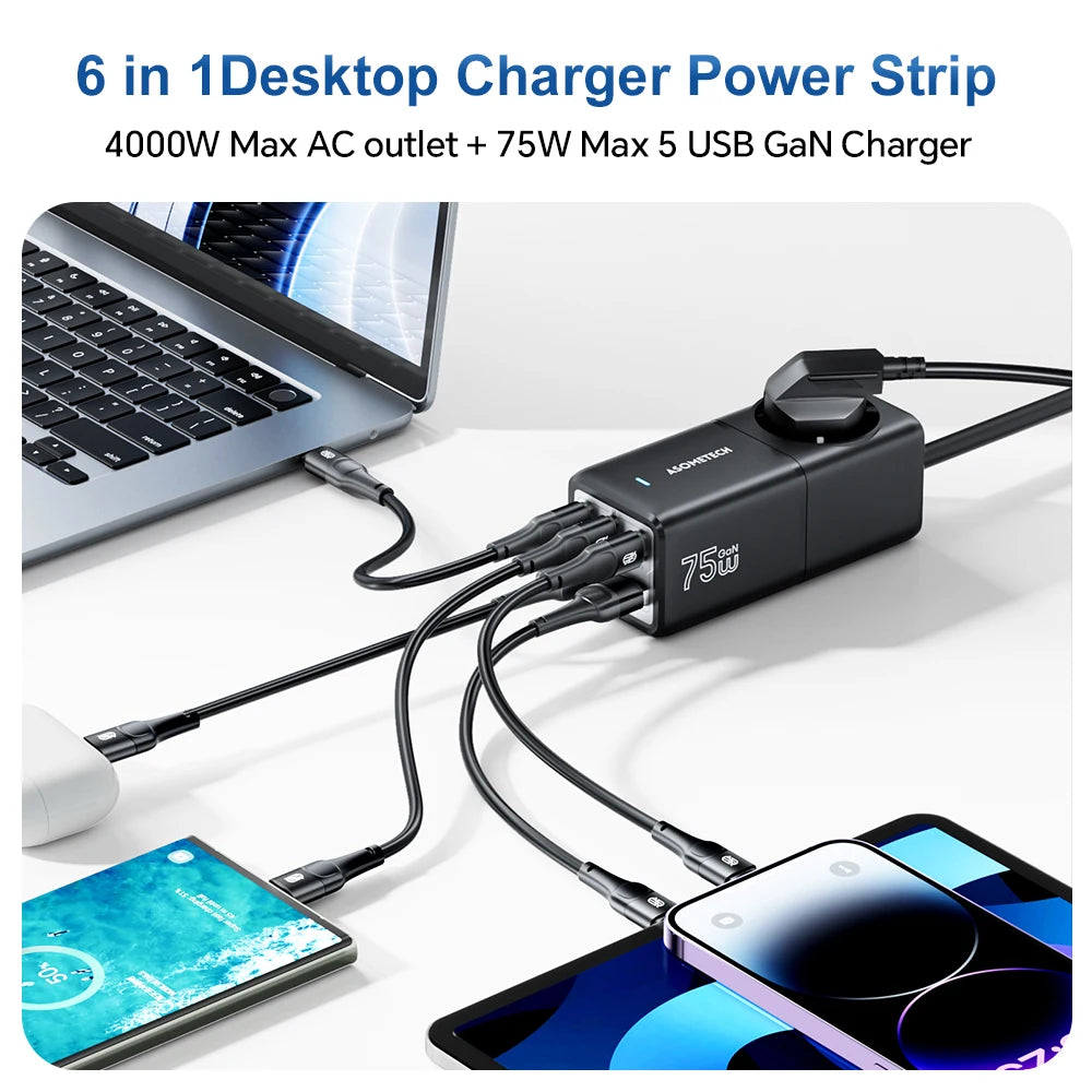 75W GaN Desktop Fast Charger Power Strip QC4.0 3.0 PD3.0 Charging Station for IPhone 14 13 Pro Max Xiaomi Samsung MacBook Laptop