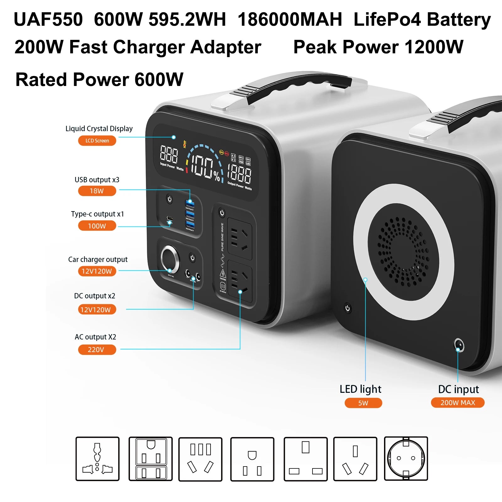 600W LifePo4 Power Station 595wh External Battery 100W Solar Generator Camping Portable Energy Storage System Fishing RV Outdoor 600W 595wh / 220V UK PLUG - IHavePaws