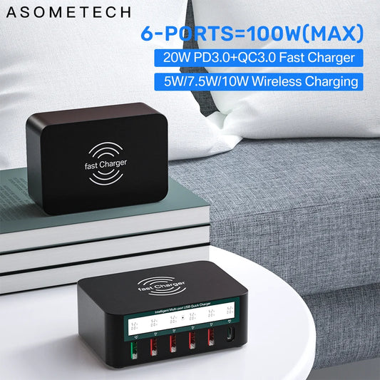 100W Quick Charge 3.0 USB Charger Fast Charging Station PD Charger For iPhone 12 11 Tablet Phone QI Wireless Charger Adapter HUB