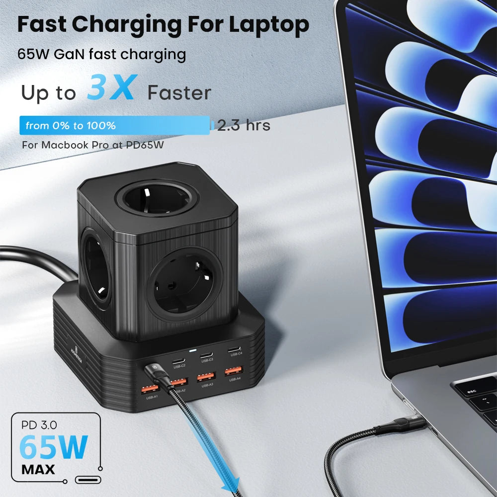 65W Fast Charging Station 13-Port GaN USB C Charger Socket Power Strip Surge Protector Fast Charging Desktop Outlet Extender