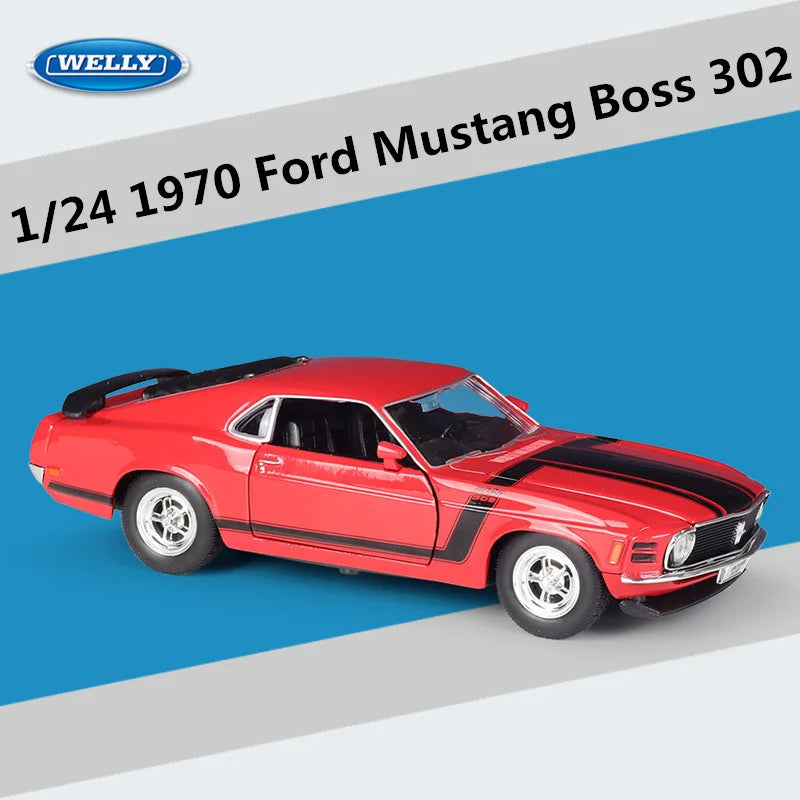 WELLY 1:24 1970 Ford Mustang BOSS 302 Alloy Racing Car Model Diecast Metal Sports Car Vehicle Model Simulation Children Toy Gift Red - IHavePaws