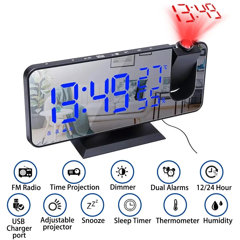 LED Digital Projection Alarm Clock Electronic Alarm Clock with Projection FM Radio (A) Blue on Black - IHavePaws