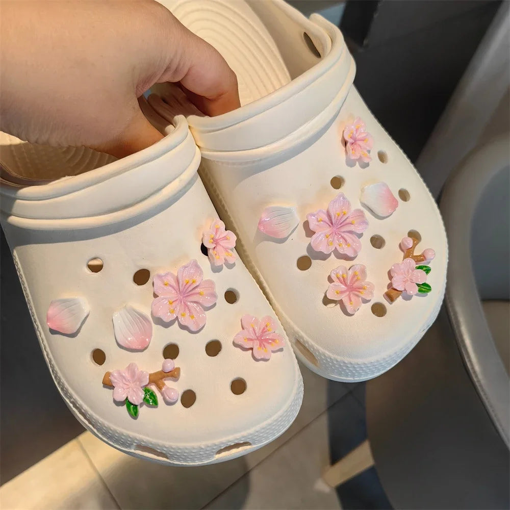 DIY Romantic Cherry Blossom Shoe Charms for Crocs Clogs Slides Sandals Garden Shoes Decorations Charm Set Accessories Kids Gifts Pink - ihavepaws.com