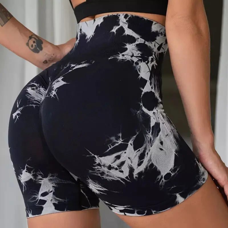 New Seamless Tie Dye Push Up Yoga Shorts For Women High Waist Summer Fitness Workout Running Cycling Sports Gym Shorts Mujer Black / L - ihavepaws.com