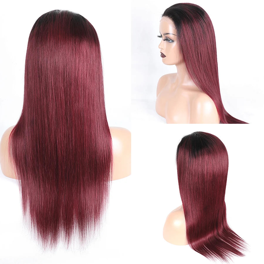 T99J Burgundy Straight Glueless Wig Human Hair Ready To Wear PrePlucked For Women Pre cut 5x5 Hd Lace Closure Wigs