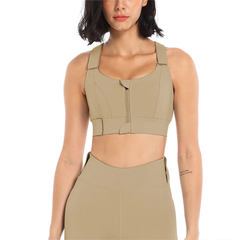 Women Sports Bras Tights Crop Top Yoga Vest Front Zipper Plus Size Adjustable Strap Shockproof Gym Fitness Athletic Brassiere Khaki / S - IHavePaws