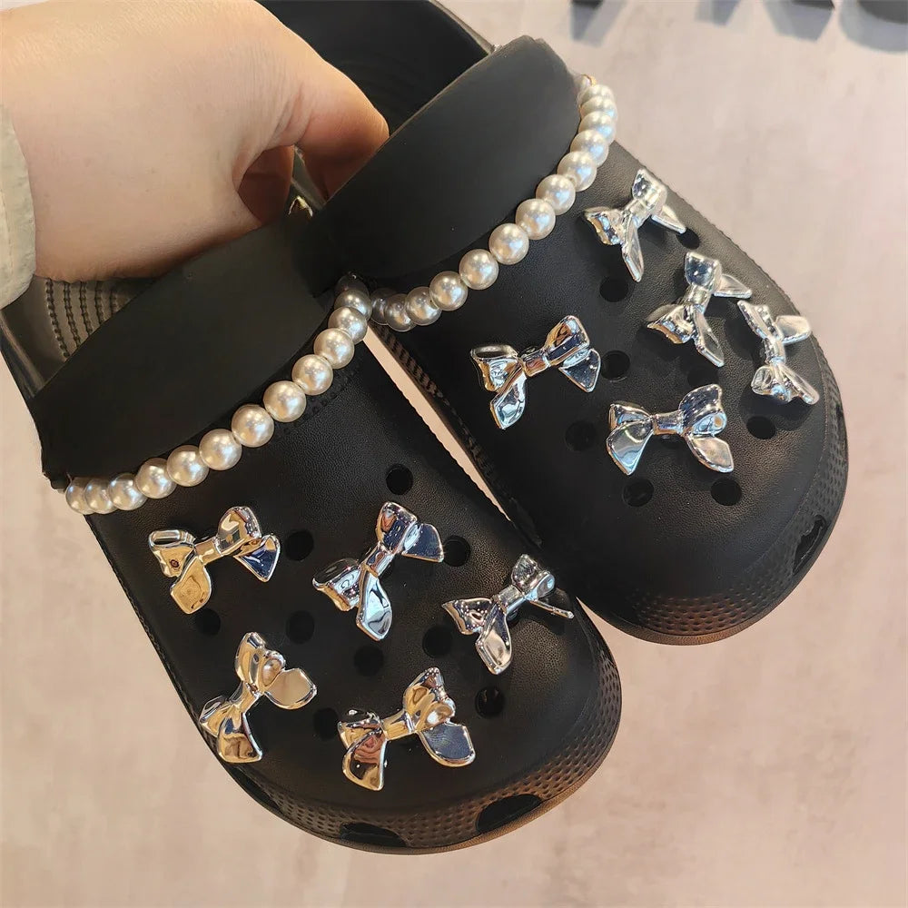 DIY Stylish Silver Bow Shoe Charms for Crocs Clogs Slides Sandals Garden Shoes Decorations Charm Set Accessories Kids Gifts F - IHavePaws