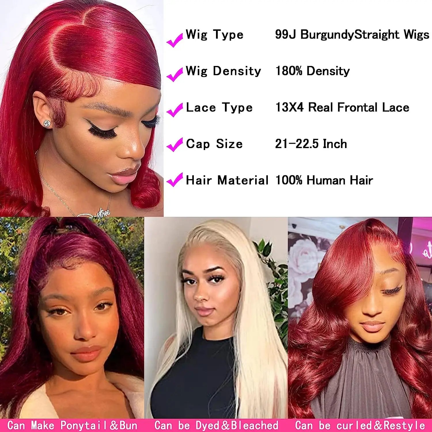 Silky Straight 99J Burgundy 13X6 HD Lace Front Human Hair Wigs 180 Density 26 28 30 Inch Red Colored Glueless Wig Pre-plucked