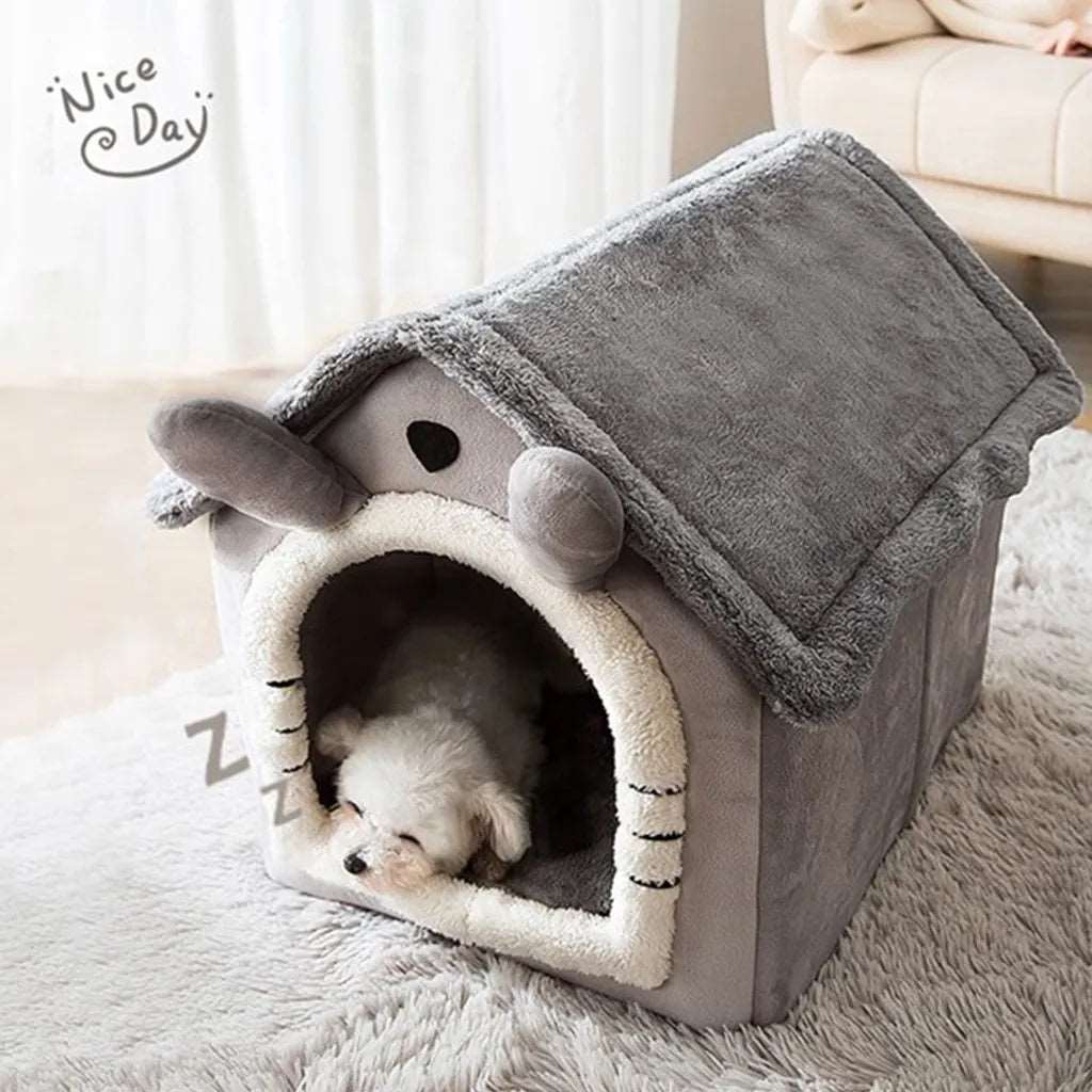 Foldable Plush Dog House with Adorable Ears Grey+White / S - IHavePaws
