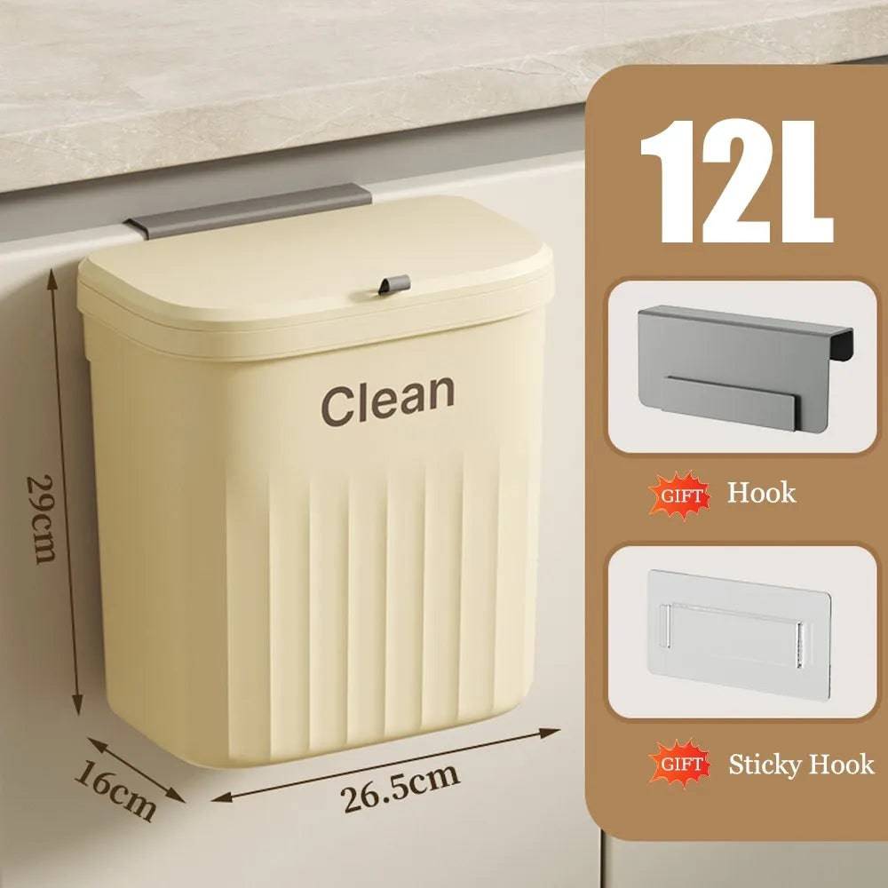 Kitchen Trash Can Wall Mounted Hanging Trash Bin 12L Beige with Lid - IHavePaws