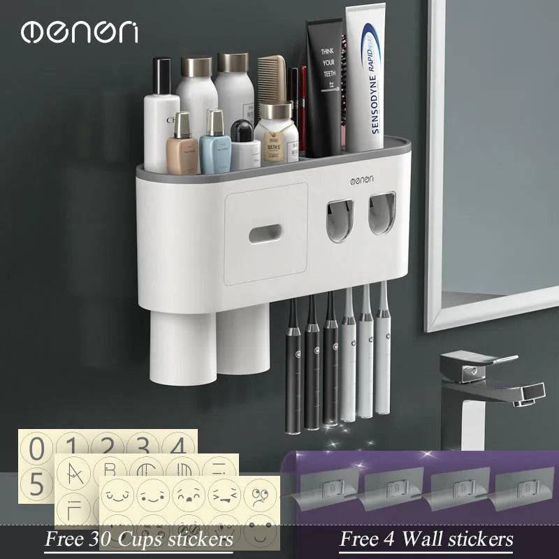 Magnetic Adsorption Inverted Toothbrush Wall Holder Gray 2cup 4 sticker - IHavePaws